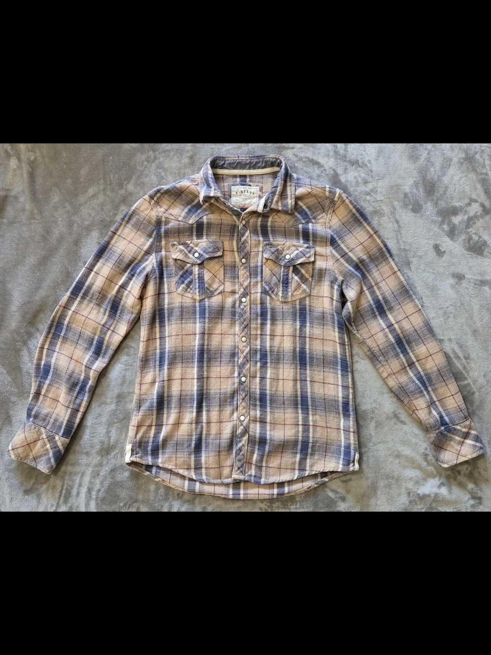 BKE - Woen's Plaid Button-Down Shirt in Beige & Blue with Pearl Buttons